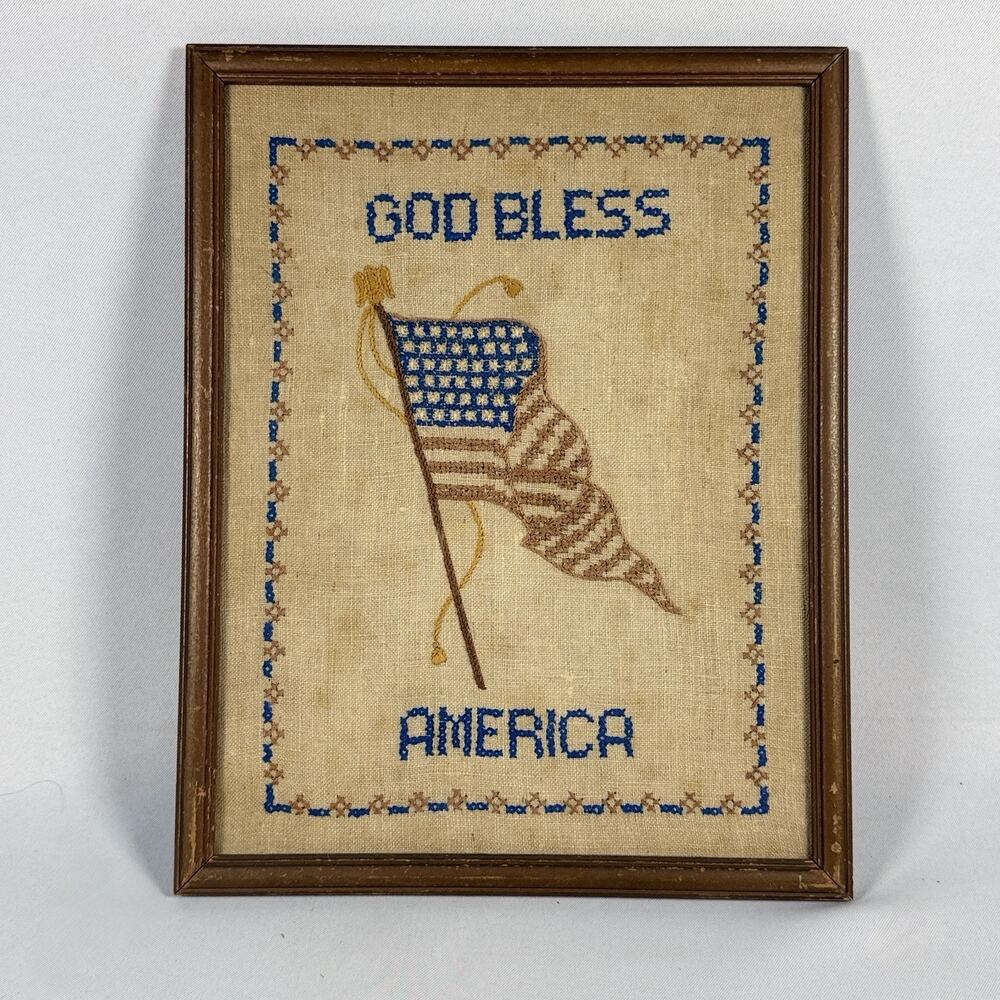 Antique ‘God Bless America’ Flag Cross Stitch Framed Americana Palm Beach Estate